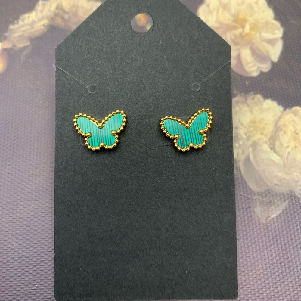 Gold and Teal Butterfly Earrings